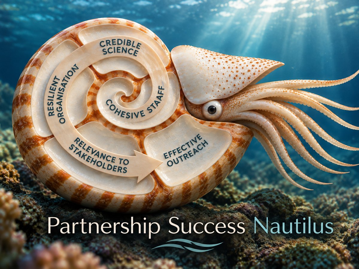 The Partnership Success Nautilus, an illustration of the elements of a healthy partnership, shown underwater on a reef